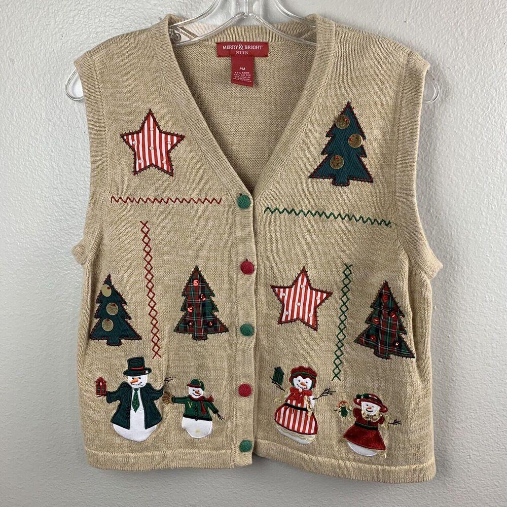 Merry & Bright Tan Christmas embellished button down Woman Cardigan Vest Size PM